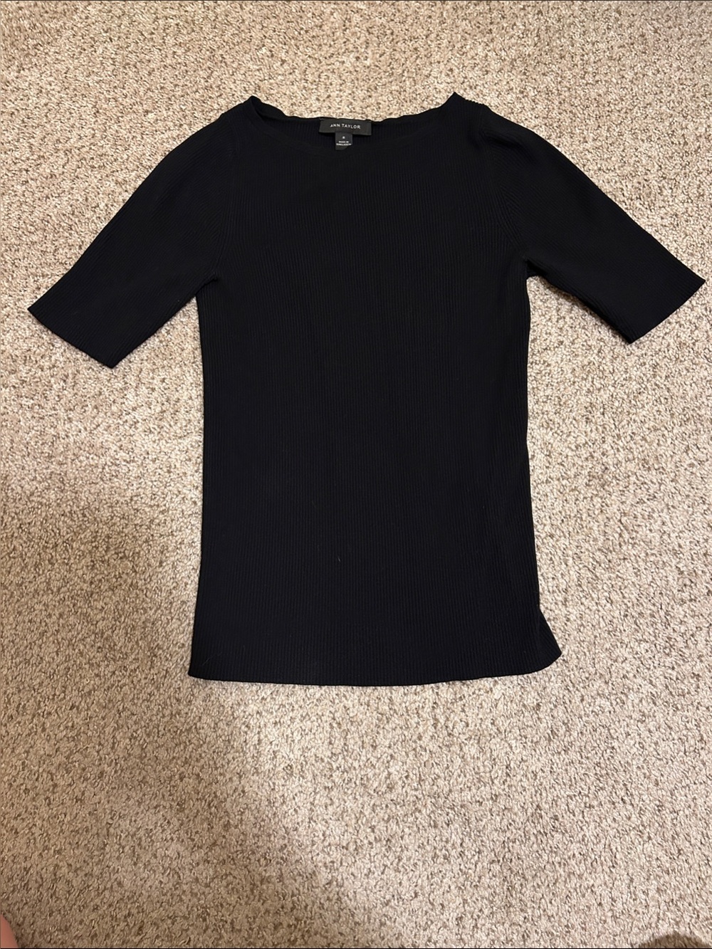 Ann Taylor Black Ribbed Elbow-Sleeve Knit Top